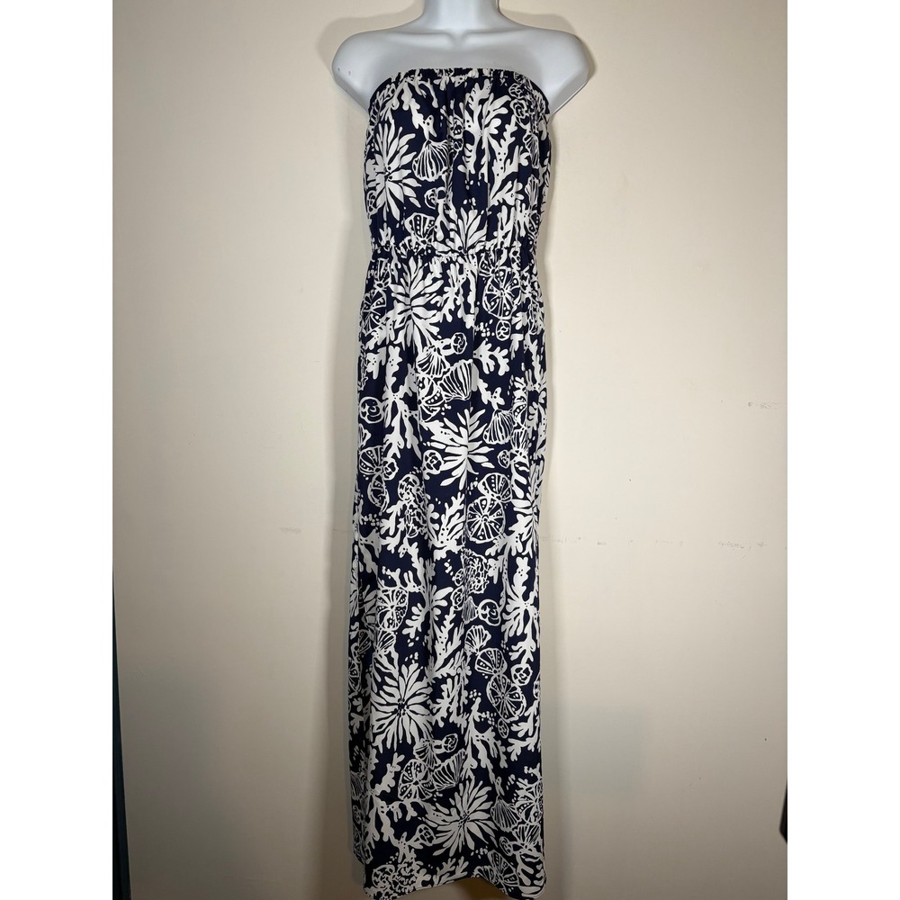 Lilly Pulitzer Maxi Dress Navy Blue Shell Coral Print Strapless Classic Small